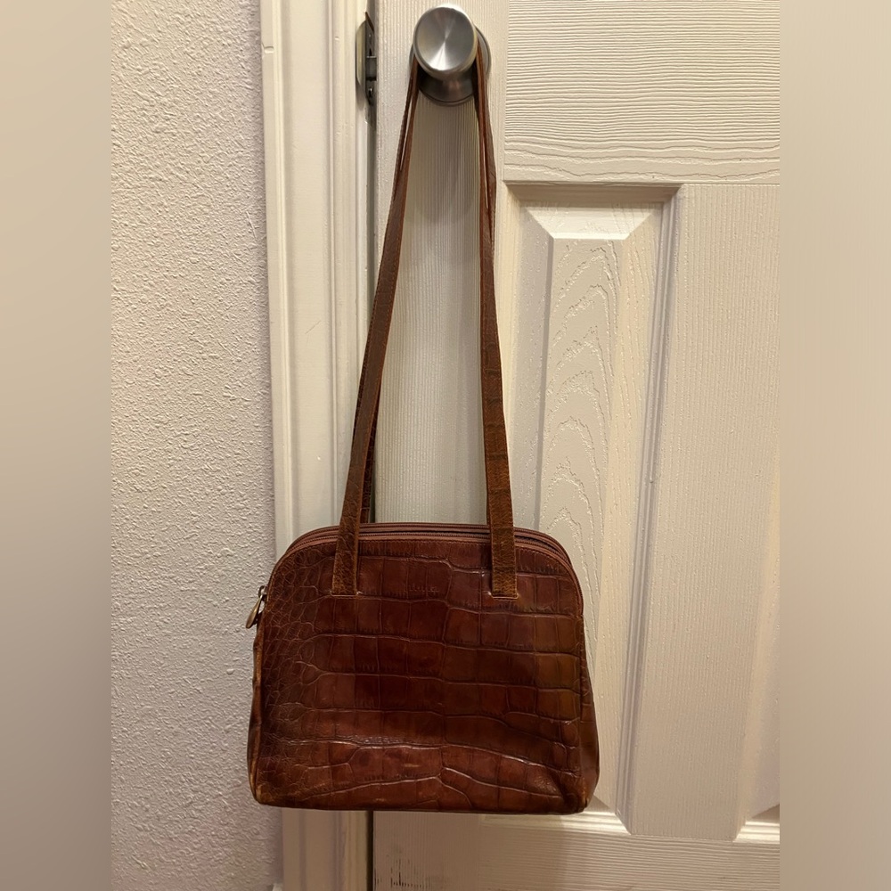 Vintage FURLA brown leather crocodile print long strap shoulder bag